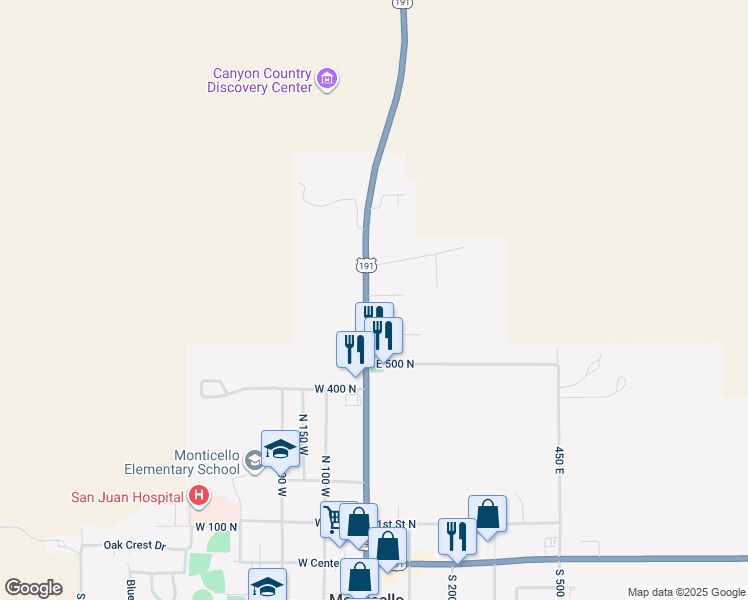 map of restaurants, bars, coffee shops, grocery stores, and more near 596 North Main Street in Monticello