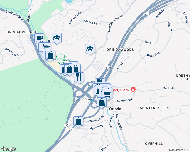 map of restaurants, bars, coffee shops, grocery stores, and more near 2 Hazel Tree Ridge in Orinda
