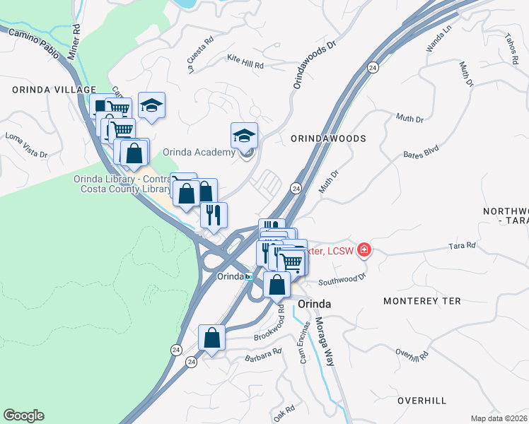 map of restaurants, bars, coffee shops, grocery stores, and more near 3 Alder Walk in Orinda