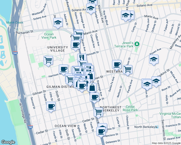 map of restaurants, bars, coffee shops, grocery stores, and more near 1243 Kains Avenue in Berkeley