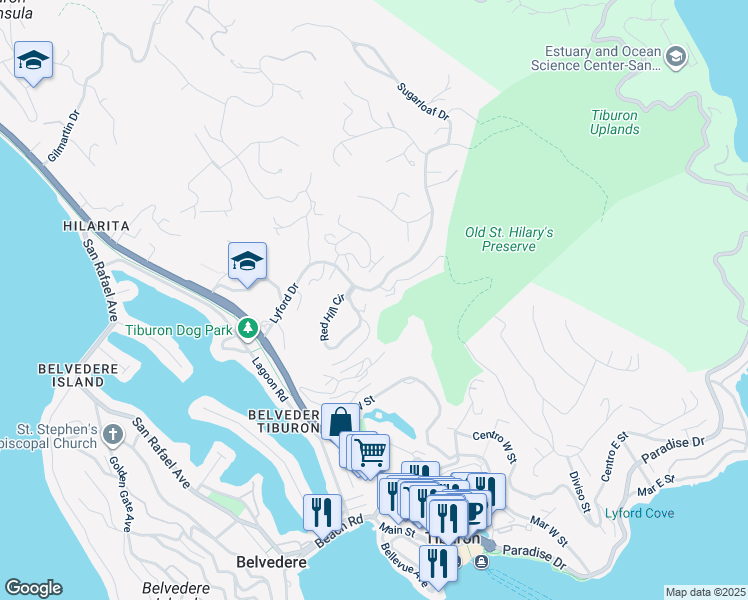 map of restaurants, bars, coffee shops, grocery stores, and more near 125 Red Hill Circle in Tiburon
