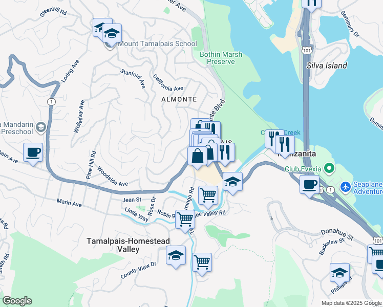 map of restaurants, bars, coffee shops, grocery stores, and more near 201 Flamingo Road in Mill Valley