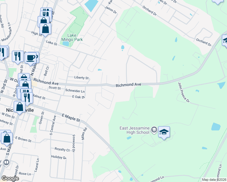 map of restaurants, bars, coffee shops, grocery stores, and more near 118 Hill-N-Dale Drive in Nicholasville