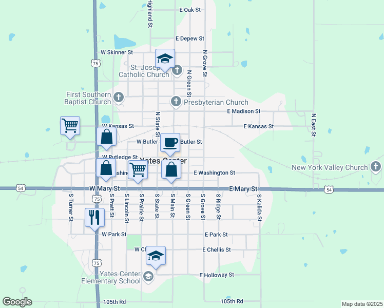 map of restaurants, bars, coffee shops, grocery stores, and more near 105 South Green Street in Yates Center