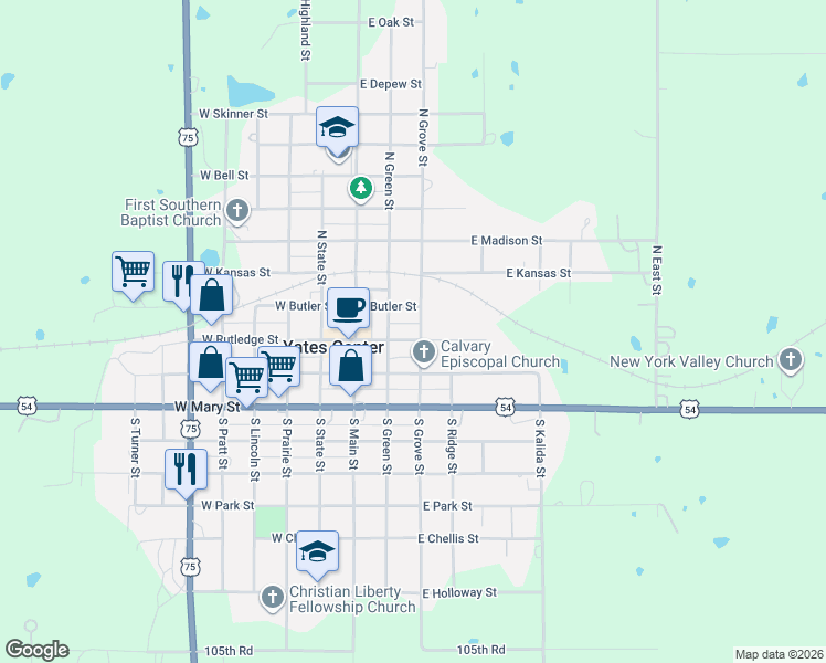 map of restaurants, bars, coffee shops, grocery stores, and more near 101-199 South Grove Street in Yates Center