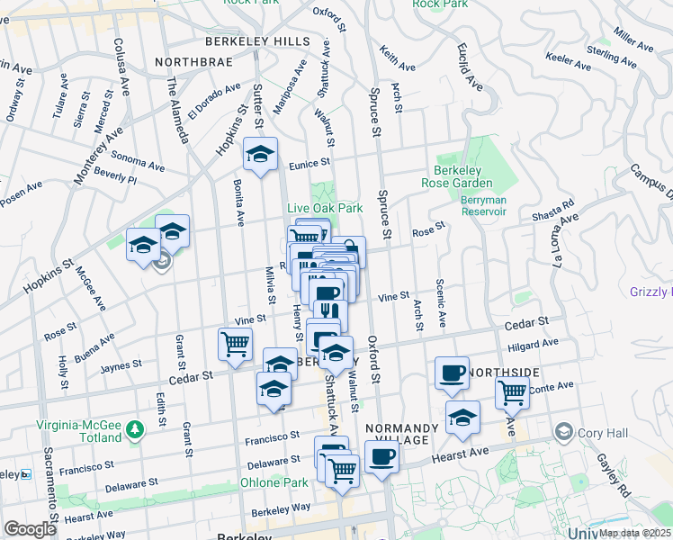 map of restaurants, bars, coffee shops, grocery stores, and more near 1433A Walnut Street in Berkeley