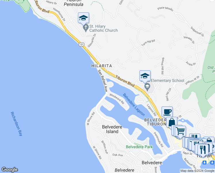 map of restaurants, bars, coffee shops, grocery stores, and more near 50 San Rafael Avenue in Belvedere Tiburon