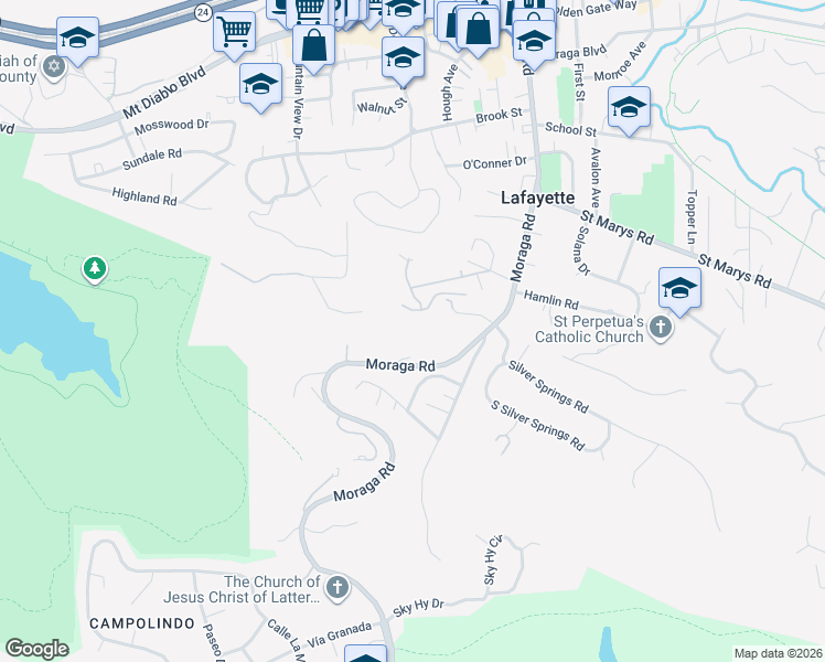 map of restaurants, bars, coffee shops, grocery stores, and more near 6 Tanglewood Lane in Lafayette
