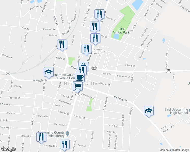 map of restaurants, bars, coffee shops, grocery stores, and more near 213 East Oak Street in Nicholasville