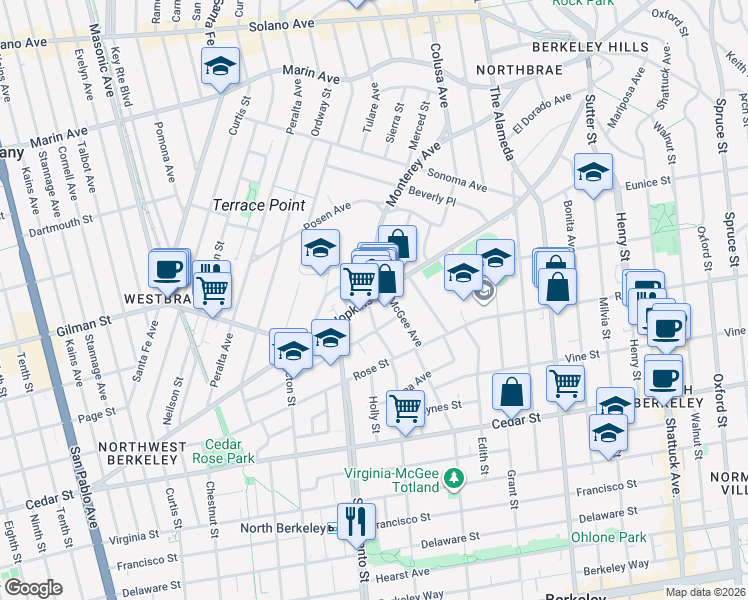 map of restaurants, bars, coffee shops, grocery stores, and more near 1578 Hopkins Street in Berkeley