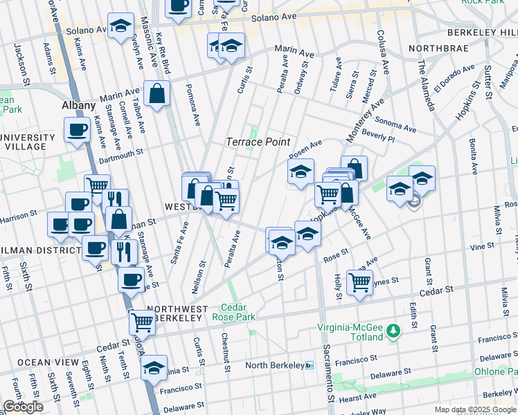 map of restaurants, bars, coffee shops, grocery stores, and more near 1237 Ordway Street in Berkeley