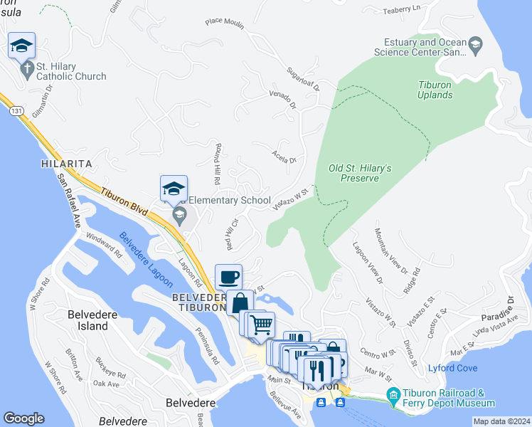 map of restaurants, bars, coffee shops, grocery stores, and more near 90 Lyford Drive in Belvedere Tiburon
