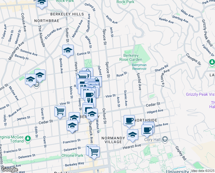 map of restaurants, bars, coffee shops, grocery stores, and more near 1418 Spruce Street in Berkeley