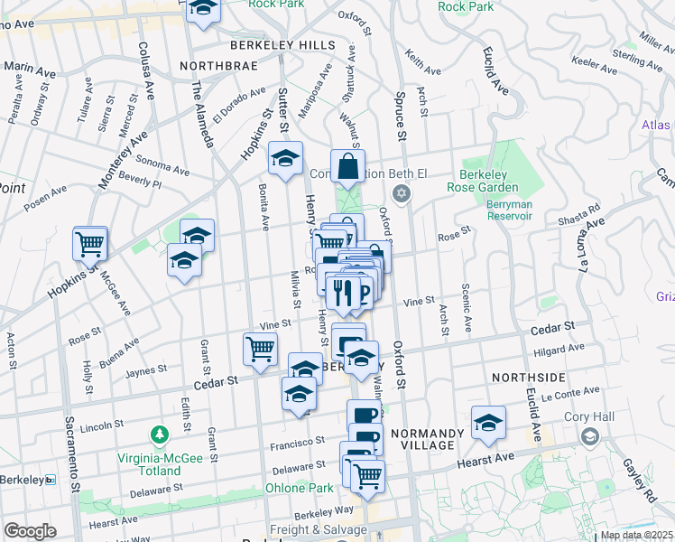map of restaurants, bars, coffee shops, grocery stores, and more near in Berkeley
