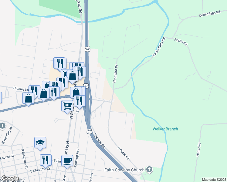 map of restaurants, bars, coffee shops, grocery stores, and more near 3031 Cedar Falls Road in Bonne Terre