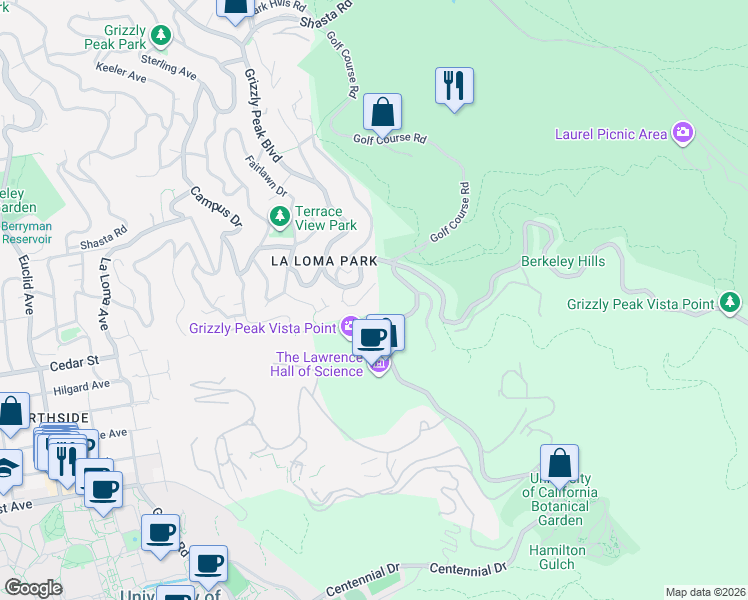 map of restaurants, bars, coffee shops, grocery stores, and more near 1531 Summit Road in Berkeley