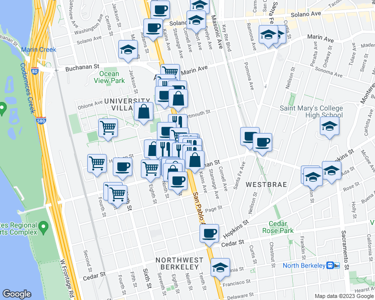 map of restaurants, bars, coffee shops, grocery stores, and more near in Berkeley