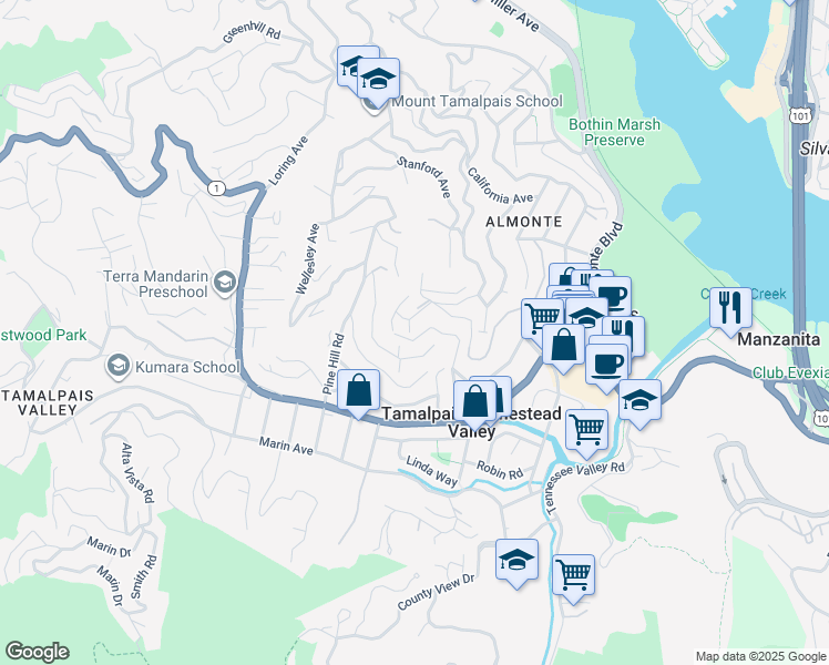 map of restaurants, bars, coffee shops, grocery stores, and more near 338 Lowell Avenue in Mill Valley