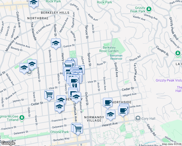 map of restaurants, bars, coffee shops, grocery stores, and more near 2215 Rose Street in Berkeley