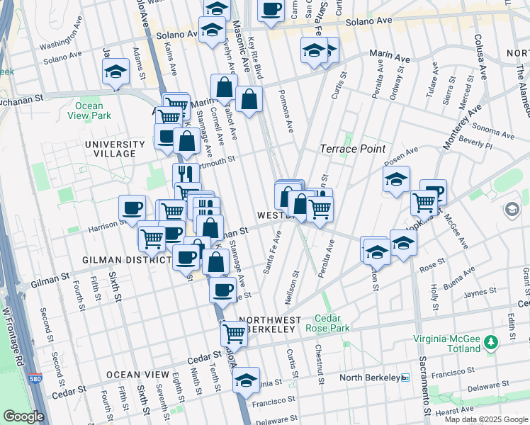 map of restaurants, bars, coffee shops, grocery stores, and more near 1212 Evelyn Avenue in Berkeley