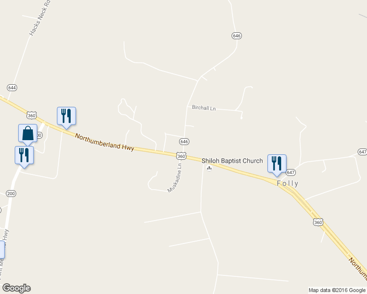 map of restaurants, bars, coffee shops, grocery stores, and more near Folly Road in Heathsville