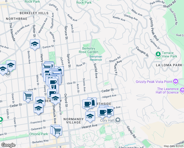map of restaurants, bars, coffee shops, grocery stores, and more near 1400 Hawthorne Terrace in Berkeley