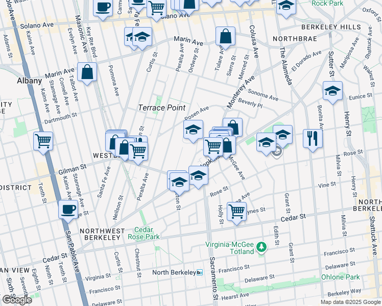 map of restaurants, bars, coffee shops, grocery stores, and more near 1301 Acton Street in Berkeley