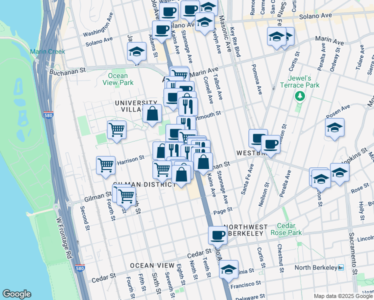 map of restaurants, bars, coffee shops, grocery stores, and more near in Berkeley