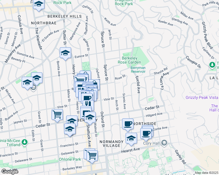map of restaurants, bars, coffee shops, grocery stores, and more near 2215 Rose Street in Berkeley