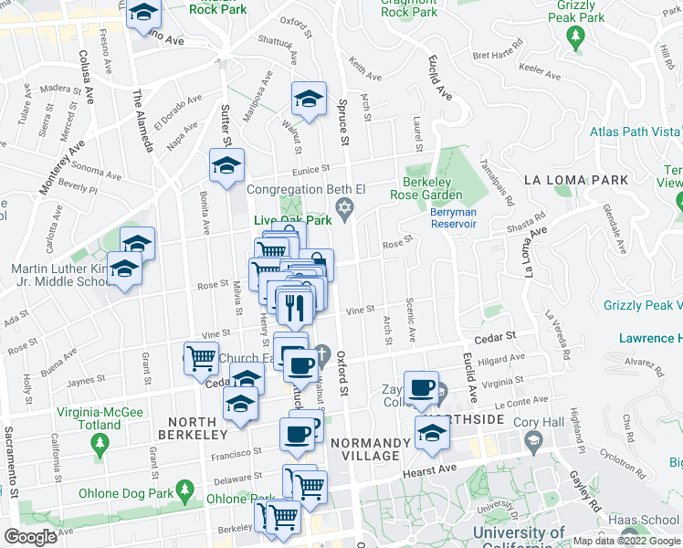 map of restaurants, bars, coffee shops, grocery stores, and more near 2215 Rose Street in Berkeley