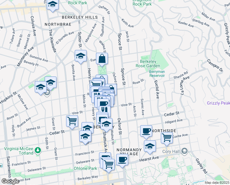 map of restaurants, bars, coffee shops, grocery stores, and more near 2137 Rose Street in Berkeley