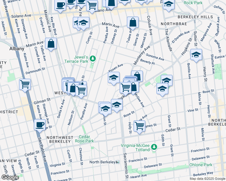 map of restaurants, bars, coffee shops, grocery stores, and more near 1301 Acton Street in Berkeley