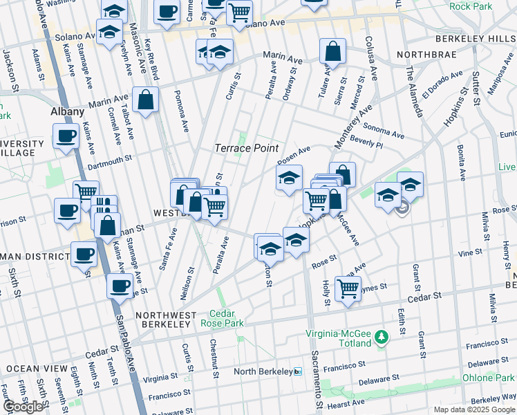 map of restaurants, bars, coffee shops, grocery stores, and more near 1193 Ordway Street in Berkeley