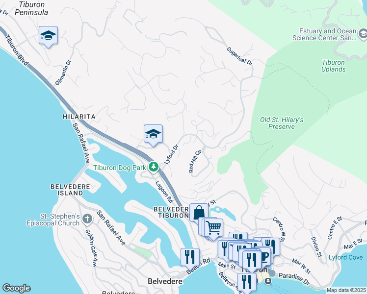 map of restaurants, bars, coffee shops, grocery stores, and more near 37 Lyford Drive in Tiburon