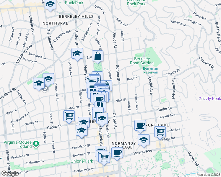 map of restaurants, bars, coffee shops, grocery stores, and more near 1404 Oxford Street in Berkeley