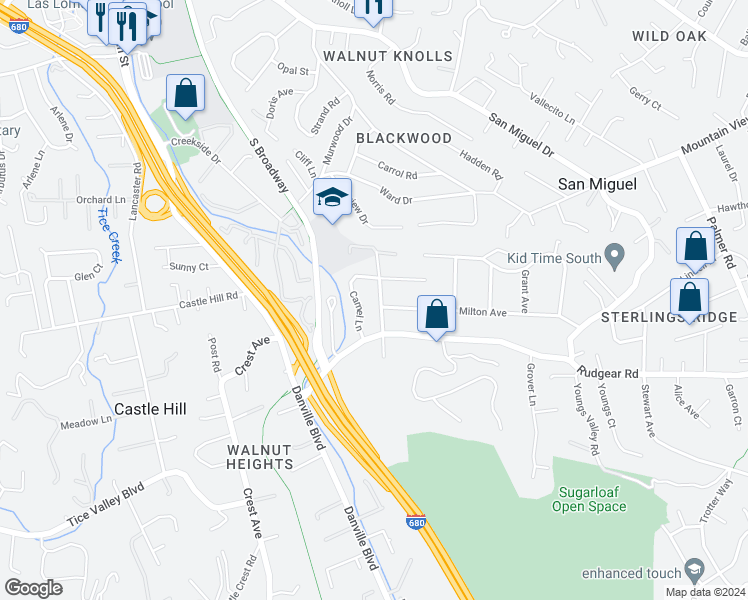 map of restaurants, bars, coffee shops, grocery stores, and more near 2051 Vanderslice Avenue in Walnut Creek