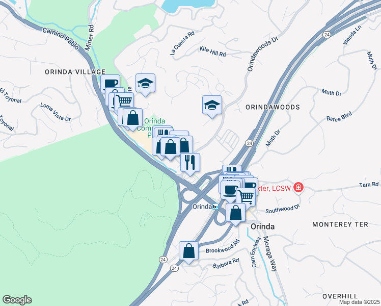 map of restaurants, bars, coffee shops, grocery stores, and more near Santa Maria Way in Orinda