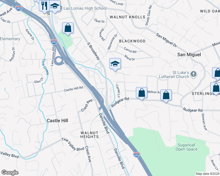 map of restaurants, bars, coffee shops, grocery stores, and more near 74 Bishop Lane in Walnut Creek