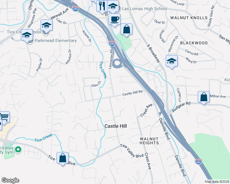 map of restaurants, bars, coffee shops, grocery stores, and more near 132 Lancaster Road in Walnut Creek