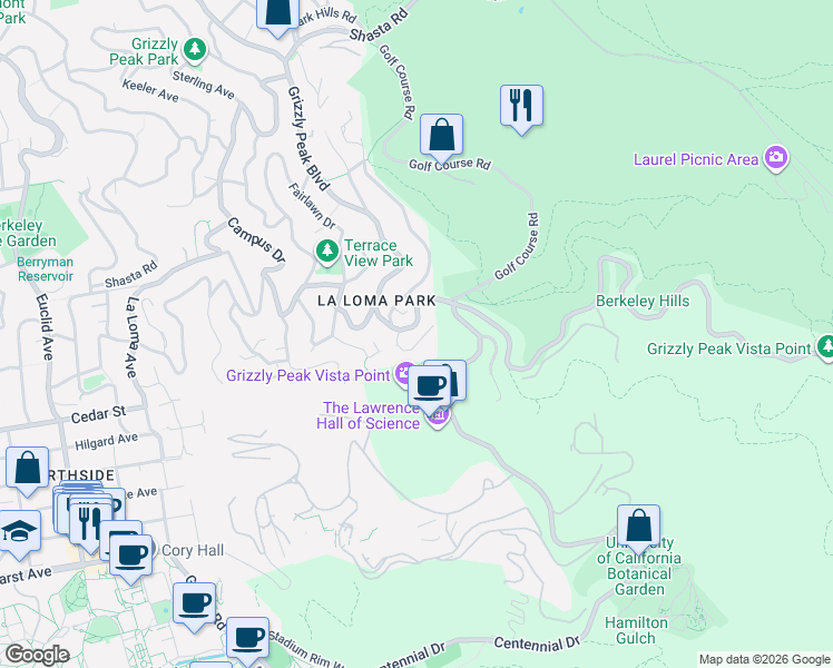 map of restaurants, bars, coffee shops, grocery stores, and more near 1531 Summit Road in Berkeley