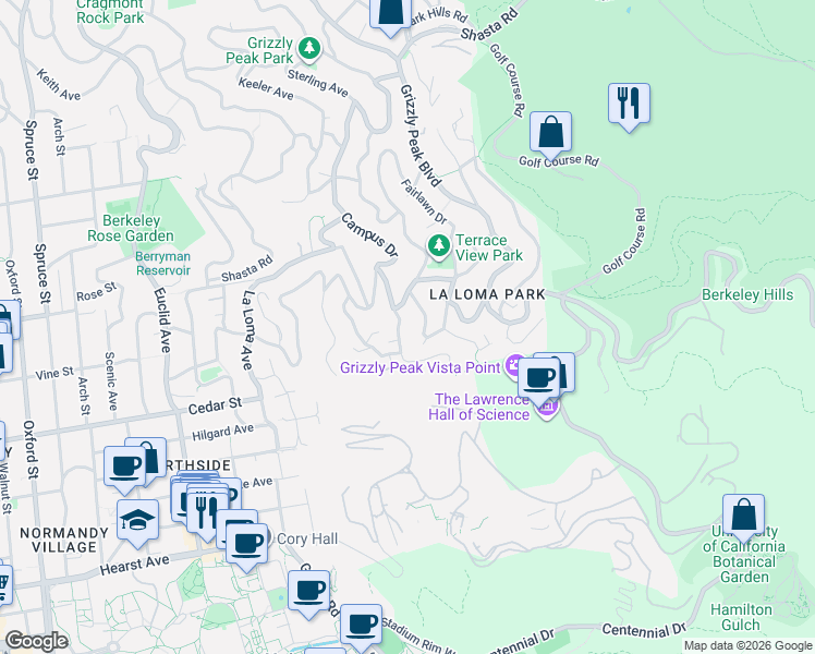 map of restaurants, bars, coffee shops, grocery stores, and more near 1472 Olympus Avenue in Berkeley