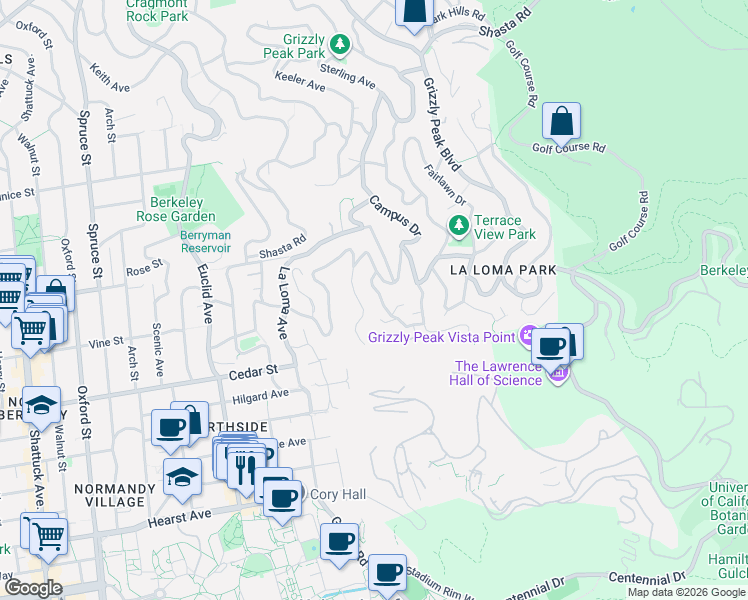 map of restaurants, bars, coffee shops, grocery stores, and more near 22 Parnassus Road in Berkeley