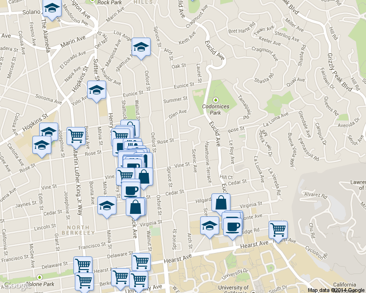 map of restaurants, bars, coffee shops, grocery stores, and more near 1405 Arch Street in Berkeley