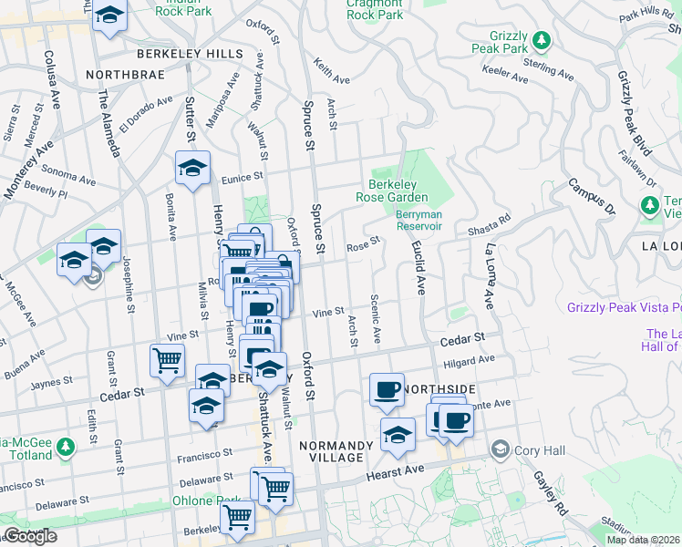 map of restaurants, bars, coffee shops, grocery stores, and more near 1405 Arch Street in Berkeley