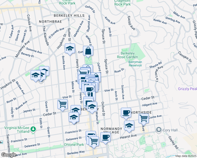 map of restaurants, bars, coffee shops, grocery stores, and more near 2137 Rose Street in Berkeley