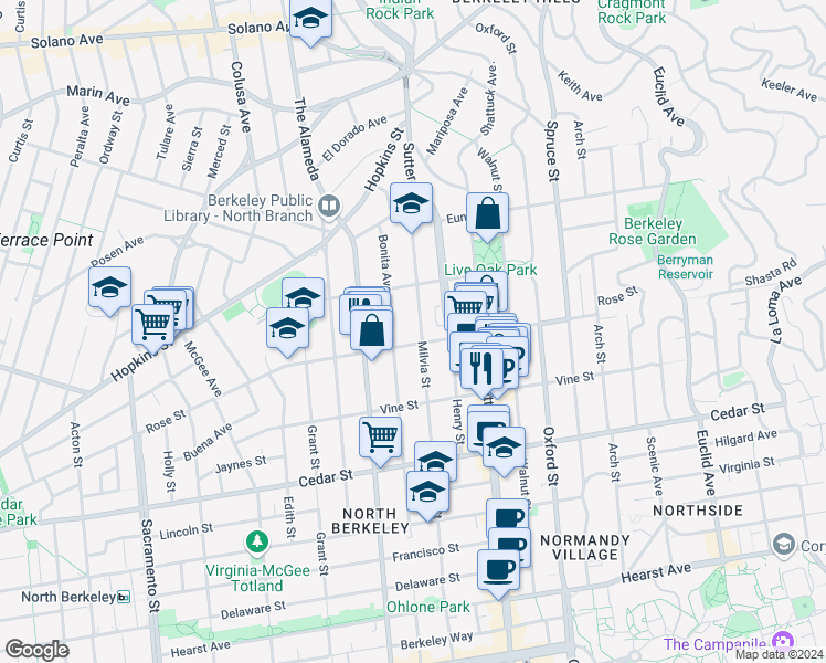 map of restaurants, bars, coffee shops, grocery stores, and more near 1326 Milvia Street in Berkeley