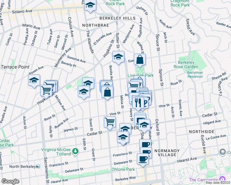 map of restaurants, bars, coffee shops, grocery stores, and more near 1326 Milvia Street in Berkeley