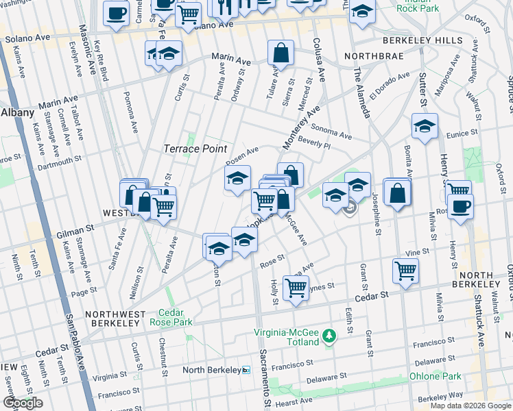 map of restaurants, bars, coffee shops, grocery stores, and more near 11 Hopkins Court in Albany