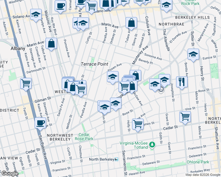 map of restaurants, bars, coffee shops, grocery stores, and more near 1301 Acton Street in Berkeley
