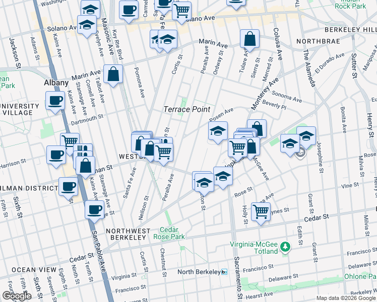 map of restaurants, bars, coffee shops, grocery stores, and more near 1193 Ordway Street in Berkeley